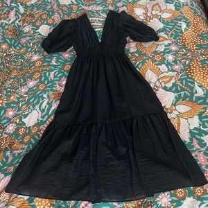 Elegant Black Midi Dress peasant style v neck and back
